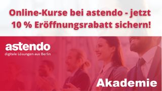 rotes logo der astendo-akademie mit geschaeftsleuten im hintergrund und Hinweis auf eroeffnungsrabatt