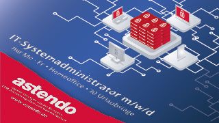 Schaltkreis auf blauem Untergrund, dazu weißer Schriftzug IT-Systemadministrator gesucht