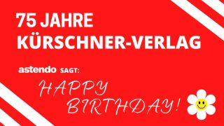 Glückwunsch zum 75. Jubiläum des Kürschner-Verlages in weißer Schrift auf rotem Untergrund