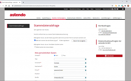 screenshot-stammdatenpflege Screenshot eines Stammdatenpflegeformulars in der astendo webExtension