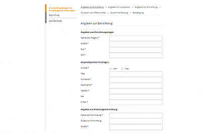Umfrageformular webExtension Screenshot eines Umfrageformulars aus der webExtension - hier mit spezifischen Feldern zur Abfrage von Einrichtungsdaten einer Kita.