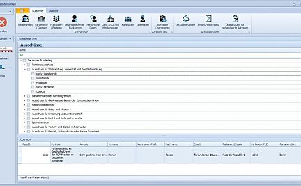 Screenshot der Recherche politischer Adressen aus Kürschners Datenbank in cobra CRM über den astendo editManager